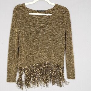 Fringe Trim Pullover‎ Sweater Tan Black Funky Glamoratti Tassel Statement Size M